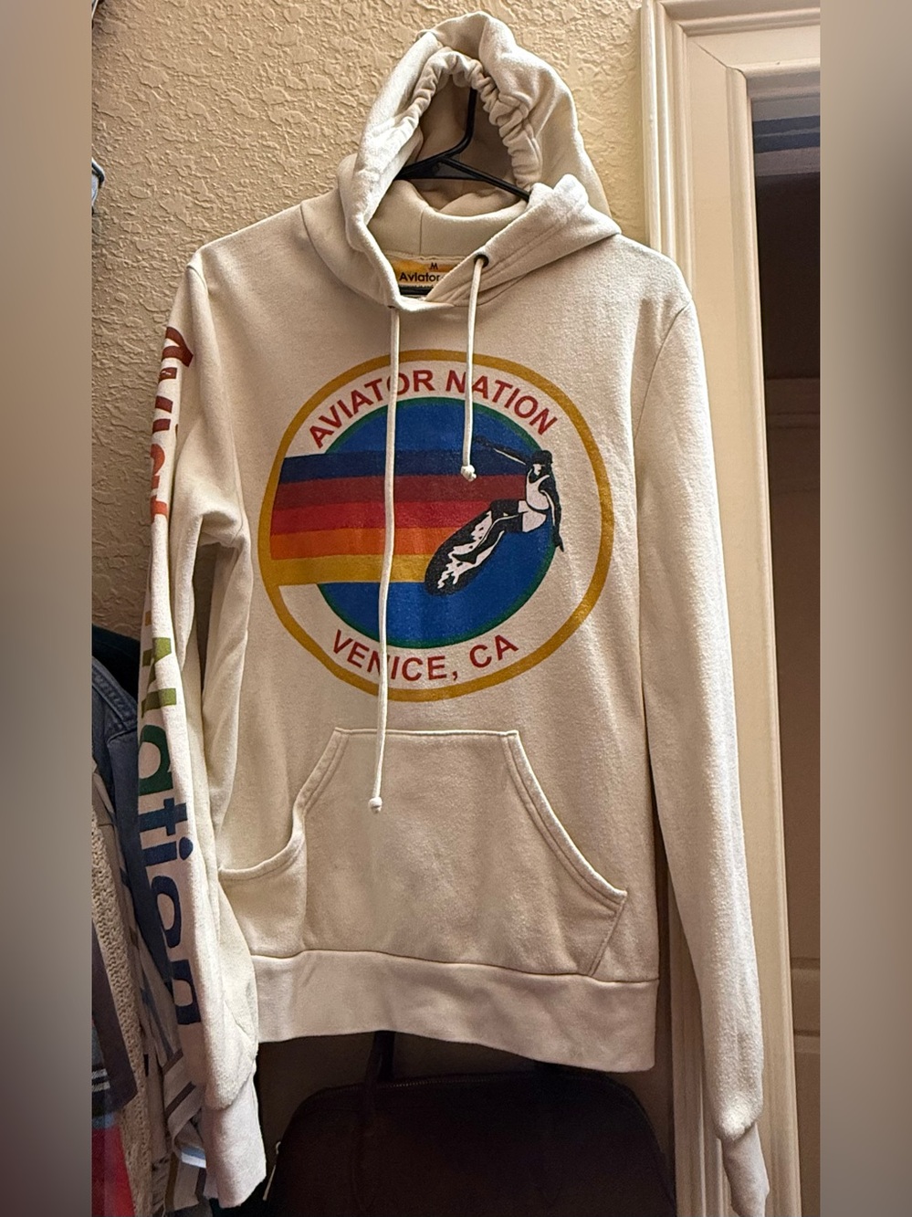Aviator Nation Cream Hoodie with Multicolor Retro Circle Logo